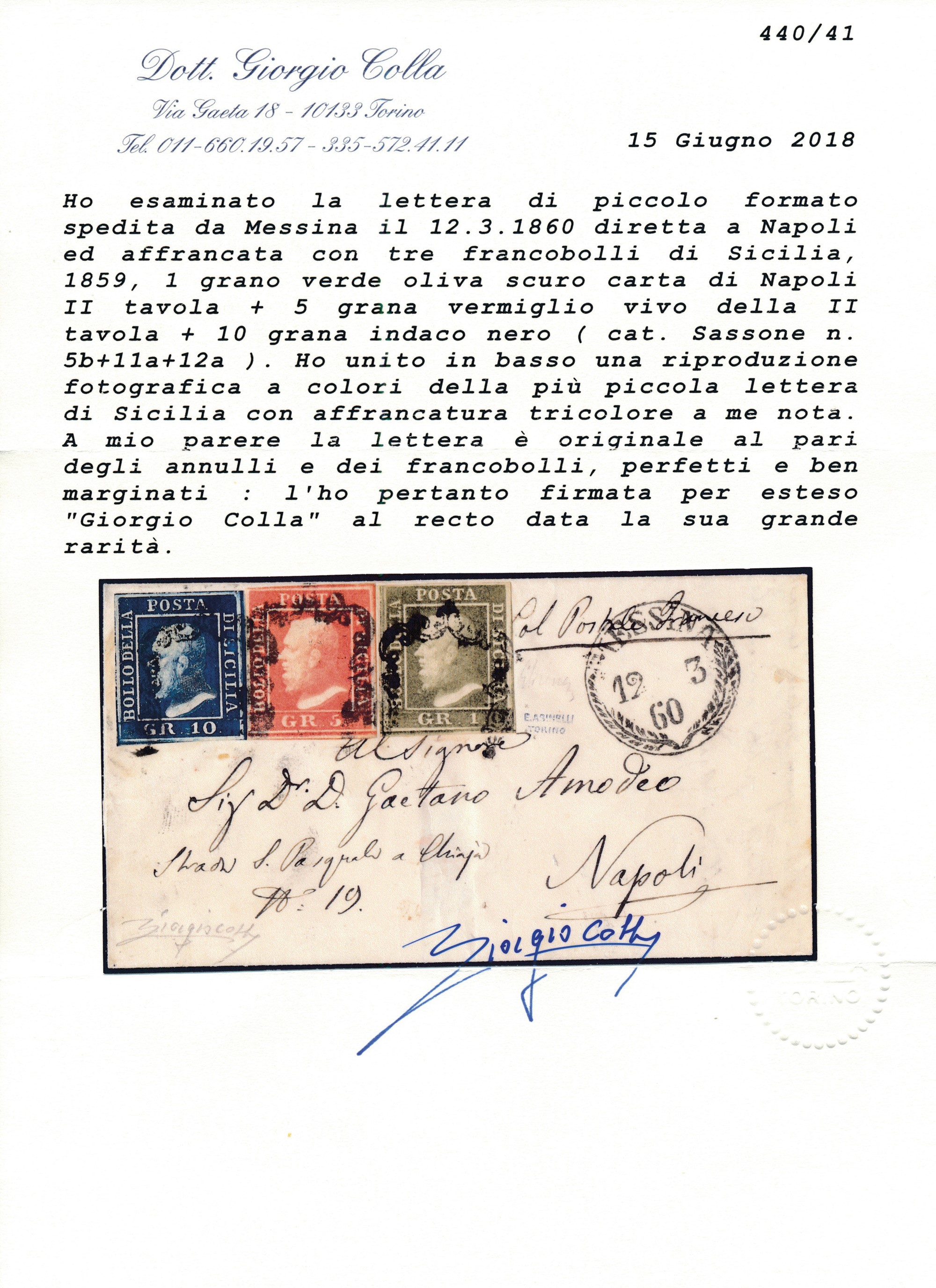 1860 - Letterina da Messina a Napoli del V12 Marzo Affrancata Con, 1859, 1 Grano Verde Oliva Scur...