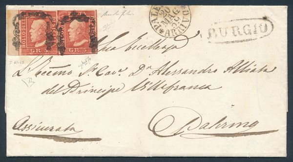 1859 - Lettera assicurata da Burgio a Palermo del 18 maggio affrancata con, 1859, coppia orizzontale bdf, 5 grana rosso sangue, I tavola, pos. 61-62 (Sass. 9c).