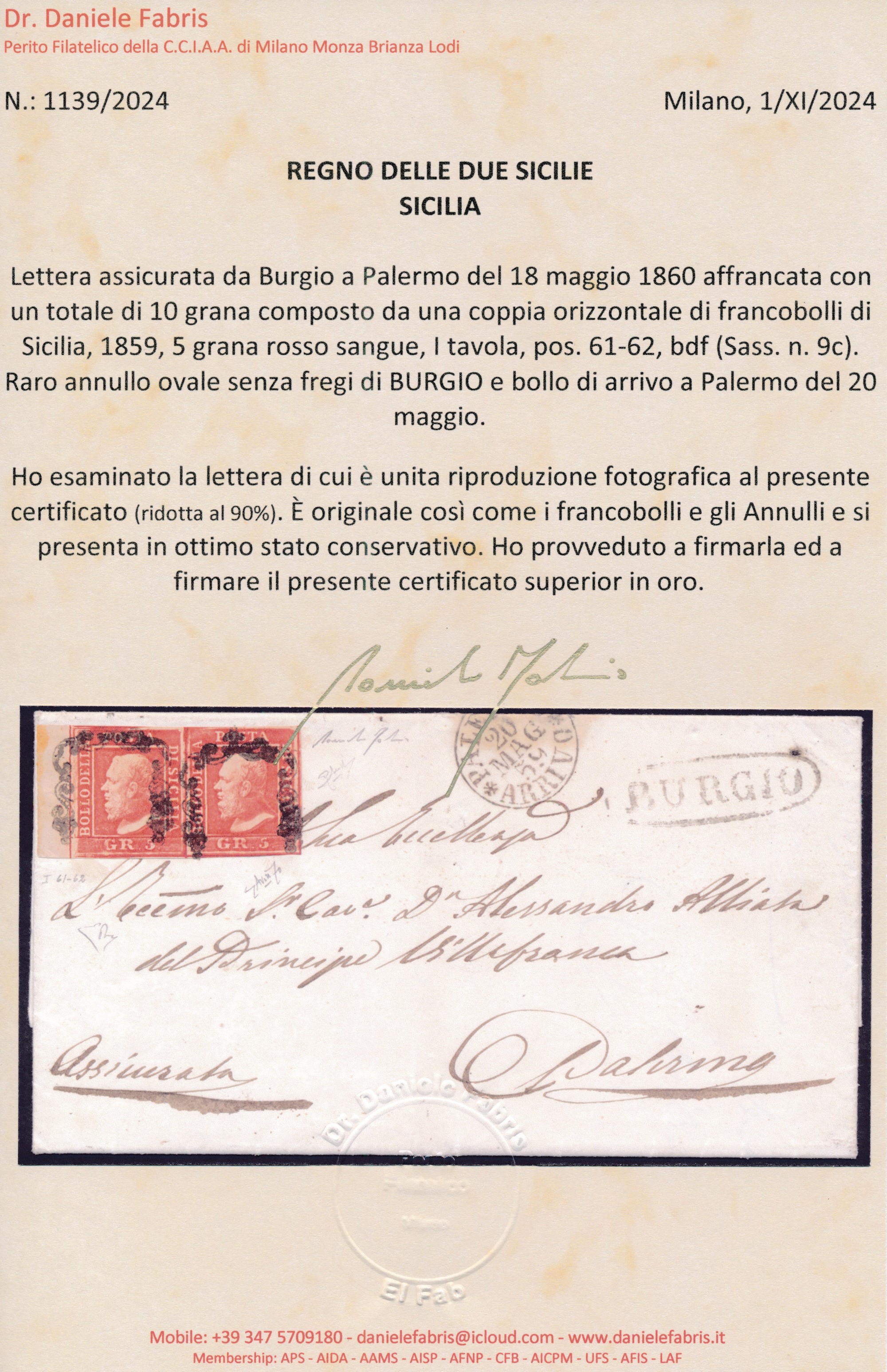 1859 - Lettera Assicurata da Burgio a Palermo del 18 Maggio Affrancata Con, 1859, Coppia Orizzont...