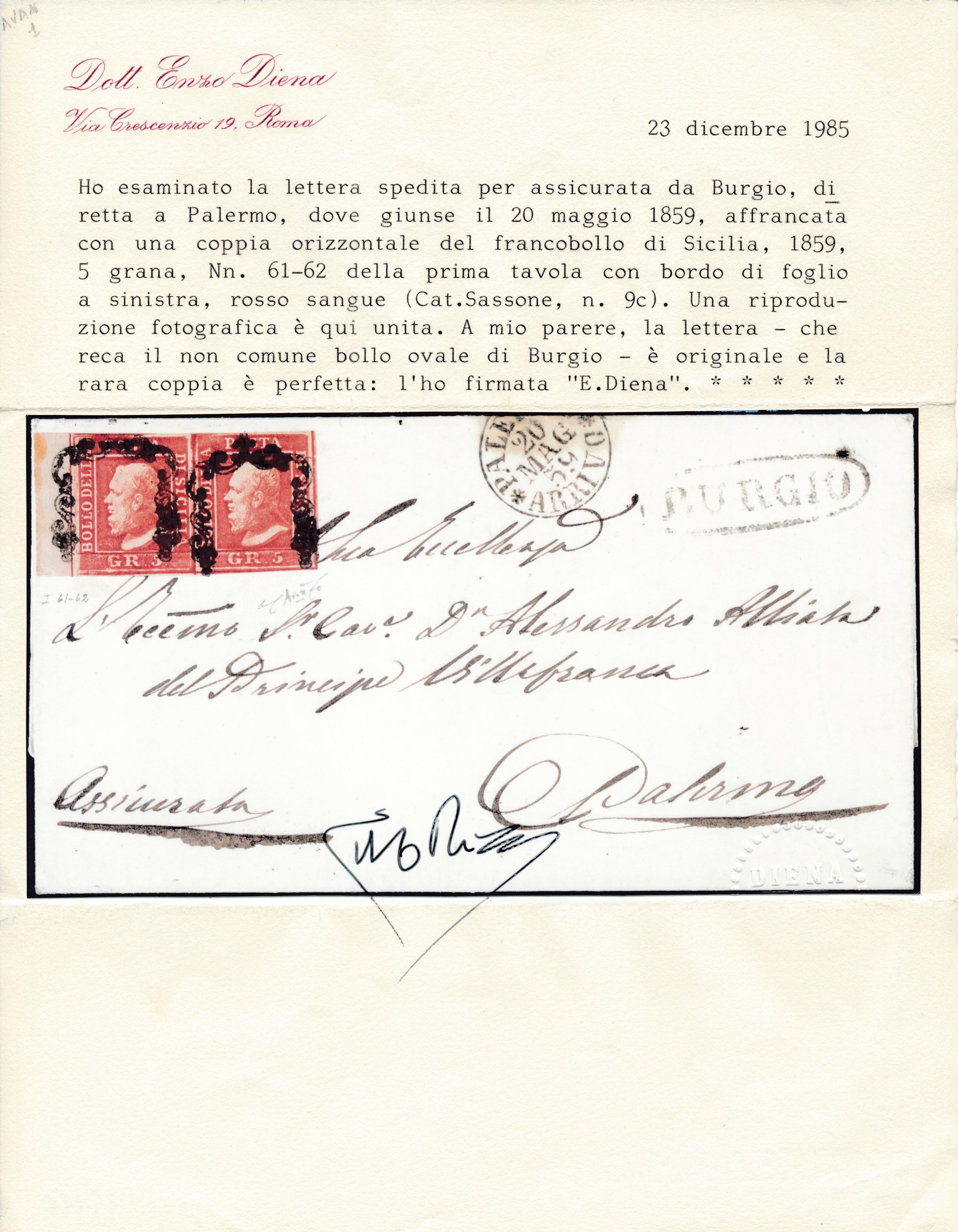 1859 - Lettera Assicurata da Burgio a Palermo del 18 Maggio Affrancata Con, 1859, Coppia Orizzont...