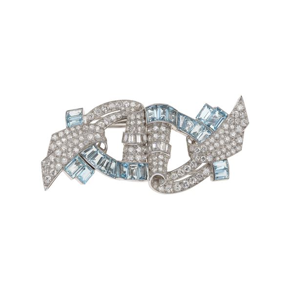 Diamond, aquamarine and platinum double clip brooch. Numbered 1469