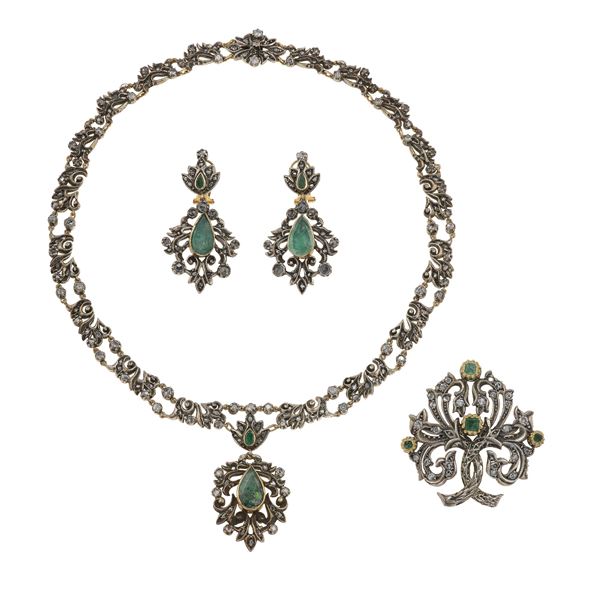 Emerald, rose-cut diamond, silver and gold parure