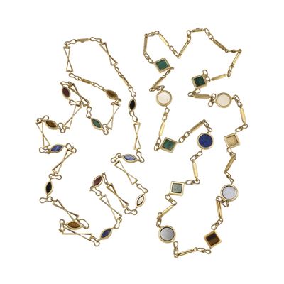 Coppia di Catene con Cialde di Malachite, Onice, Corniola, Occhio di Tigre, Lapislazzuli e Resina