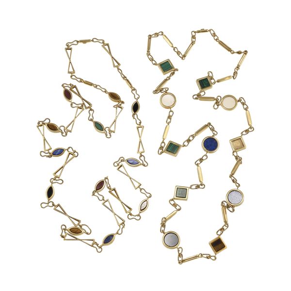 Two long gold necklaces with hardstones and resin
