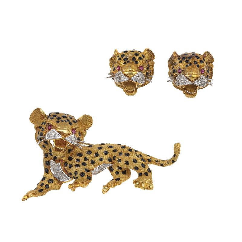 Gold, enamel, diamond and ruby demi-parure  - Auction Fine Jewellery - Cambi Casa d'Aste