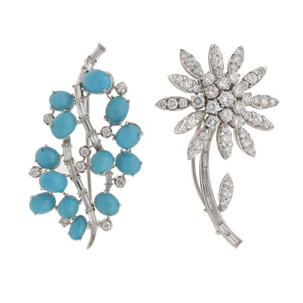 Two diamond, turquoise and gold brooches