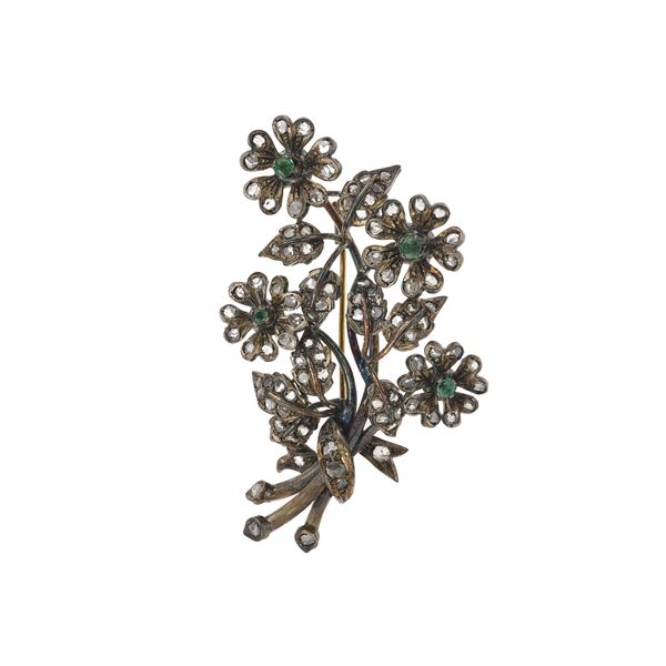 Rose-cut diamond, emerald, gold and silver brooch