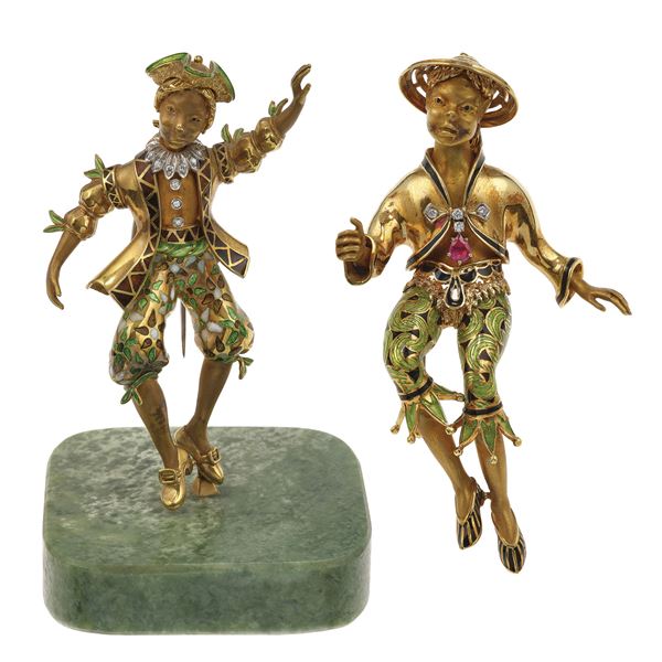 Two diamond, enamel and gold figurines. One with base. The two figurines can be worn as brooch