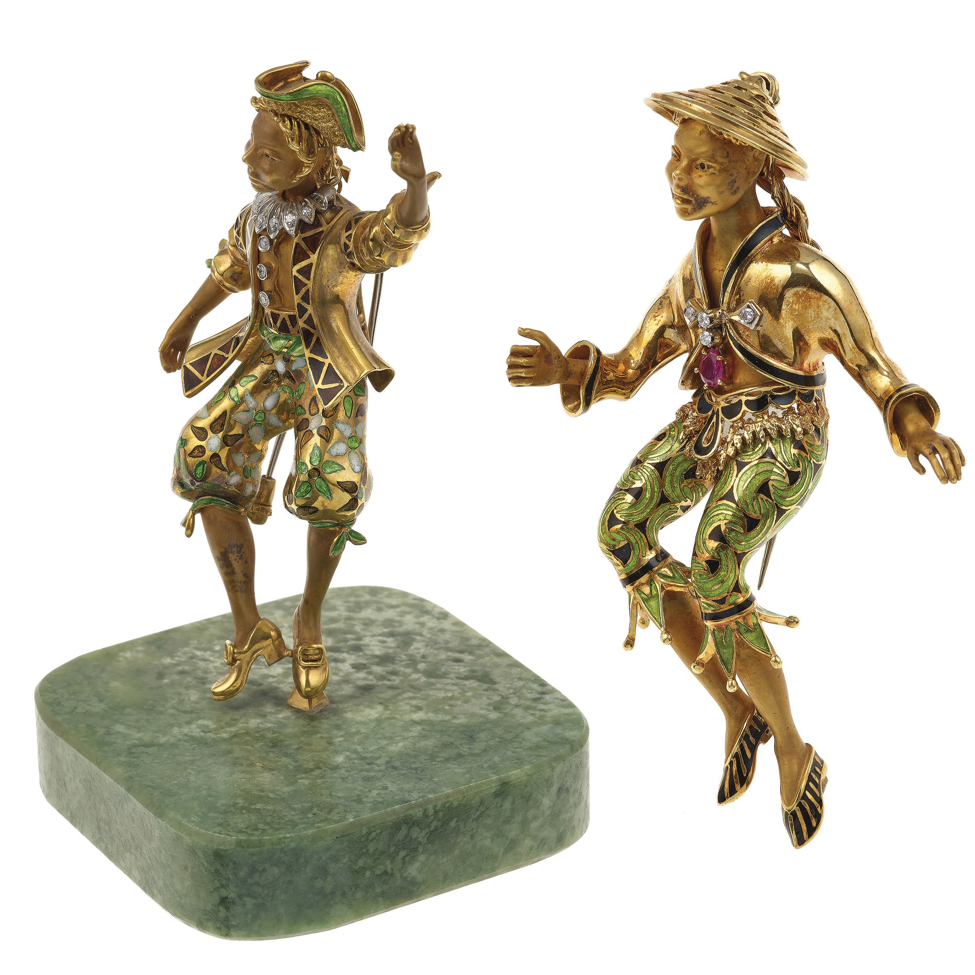 Coppia di Statuine, Indossabili Come Spille, con Diamanti, e Smalti Policromi