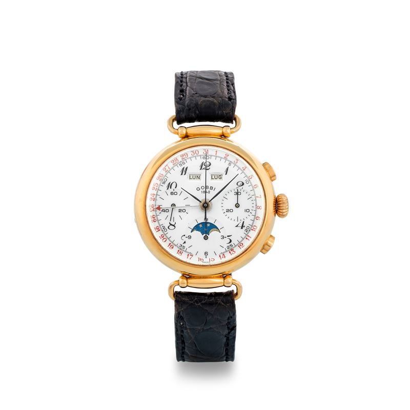 Gobbi : Full calendar and moon phase chronograph, Officier case with articulated lugs, white enamel dial, circa 1960  - Auction Watches - Cambi Casa d'Aste