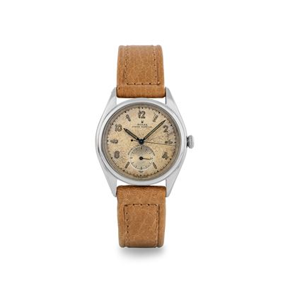 Raro Ovettone Ref 5028/6 in Acciaio con Doppi Secondi al Centro e al Sei, Circa 1945