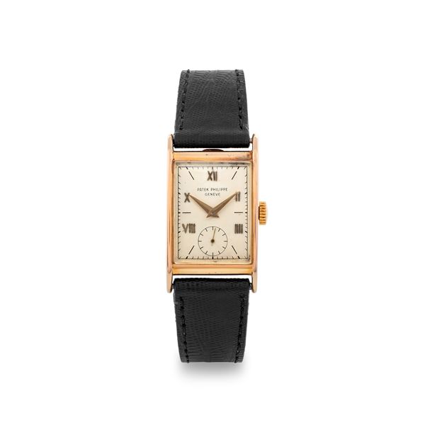 Patek Philippe - Rare Tank ref 1460 in 18k rose gold, silvered dial, small seconds Roman numerals, circa 1958
