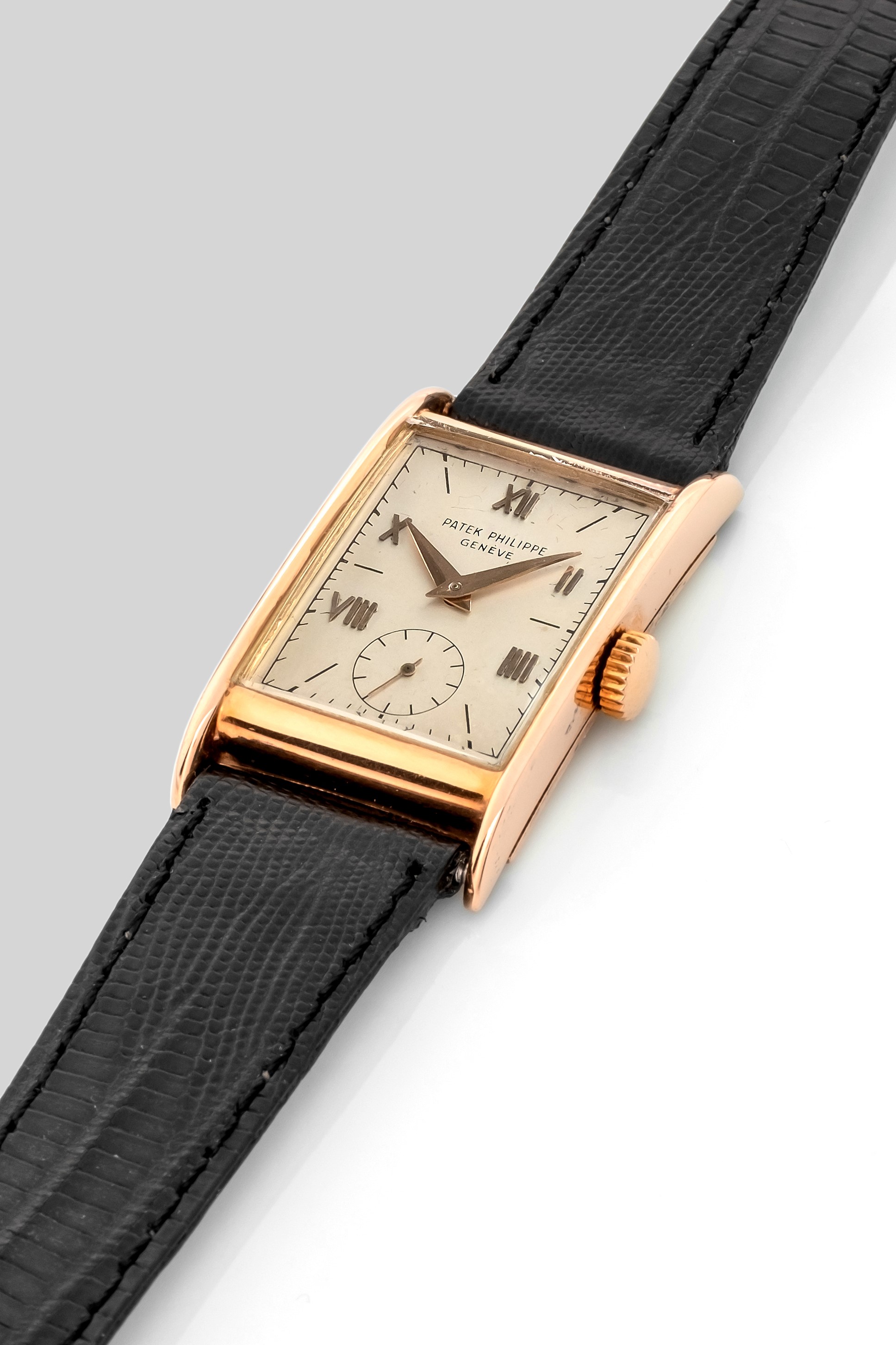 Patek Philippe - Raro Tank Ref 1460 in Oro Rosa 18k, Quadrante Argentè Piccoli Secondi Numeri Rom...