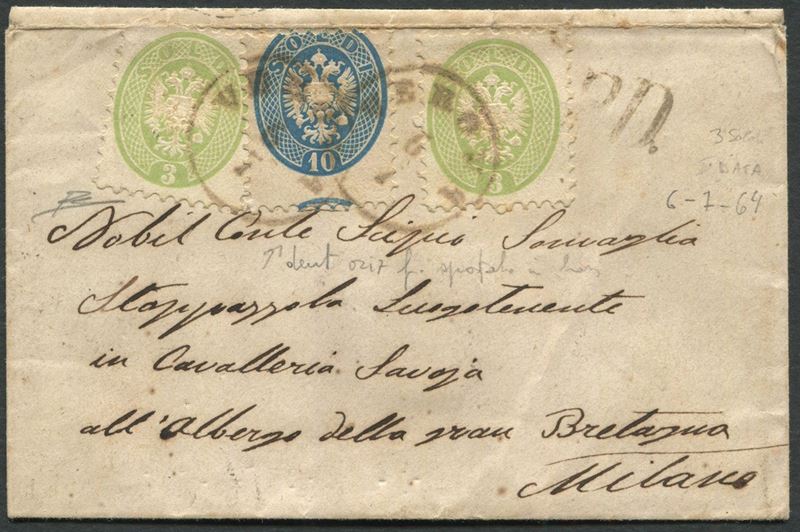 1864, Lombardo Veneto, Lettera da Verona per Milano del 6 luglio 1864, affrancata con due esemplari del 3 soldi verde, e 10 soldi azzurro con  dentellatura orizzontale fortemente spostata in basso (Sass. 42a, 44)  - Asta Filatelia e Storia Postale - Cambi Casa d'Aste