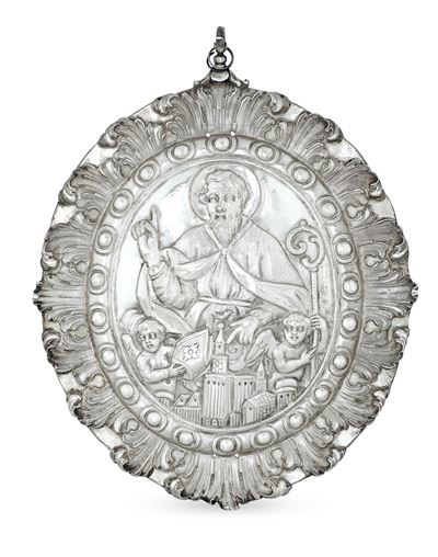 Grande Placca con Santo Vescovo. Napoli 1786, Marchio Dell'argentiere Ad (parziale)
