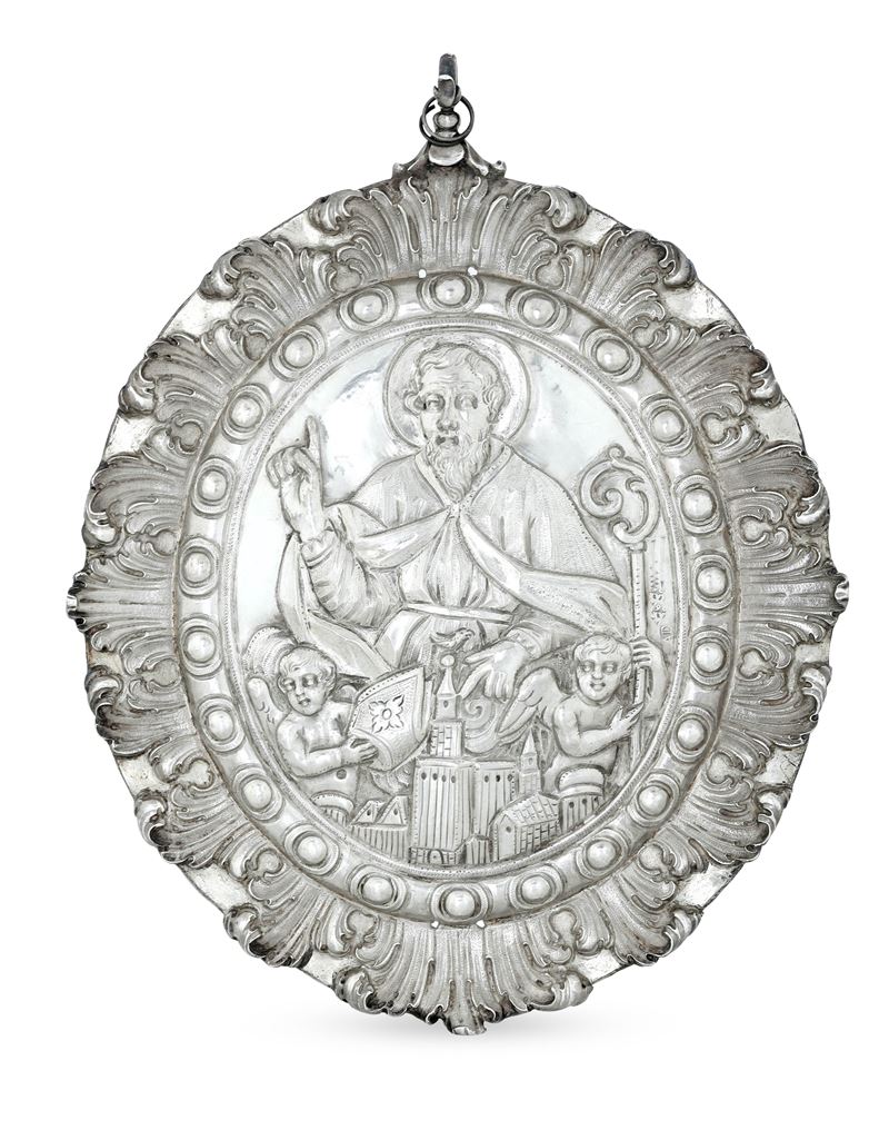 Grande placca con Santo Vescovo. Napoli 1786, marchio dell'argentiere AD (parziale)  - Asta Argenti da Collezione | Antichi - I - Cambi Casa d'Aste