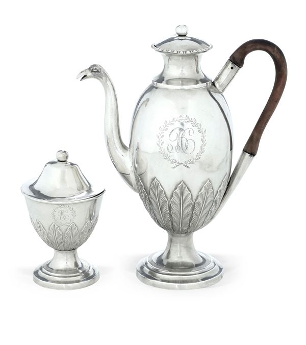 Raro compendio con caffettiera e zuccheriera. Palermo 1815, marchio del console Vincenzo Lo Bianco