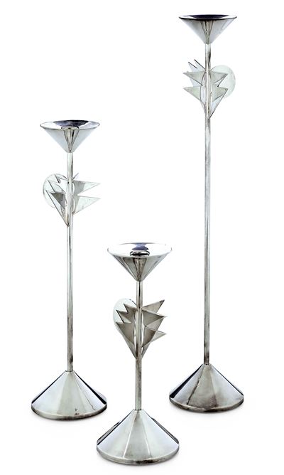 Alessandro Mendini, Tre candelieri (Designer per Cleto Munari), argento 925 fuso e sagomato, 1994