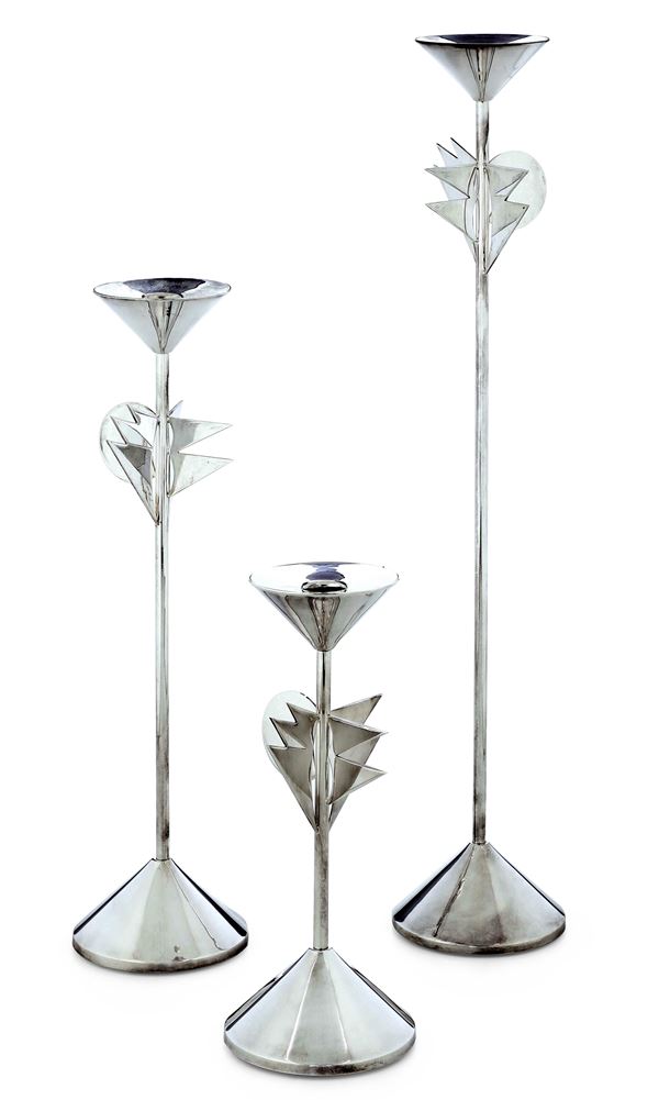 Tre candelieri. Designer Alessandro Mendini per editore Cleto Munari 1994, argentierei Rossi & Arcandi, Vicenza
