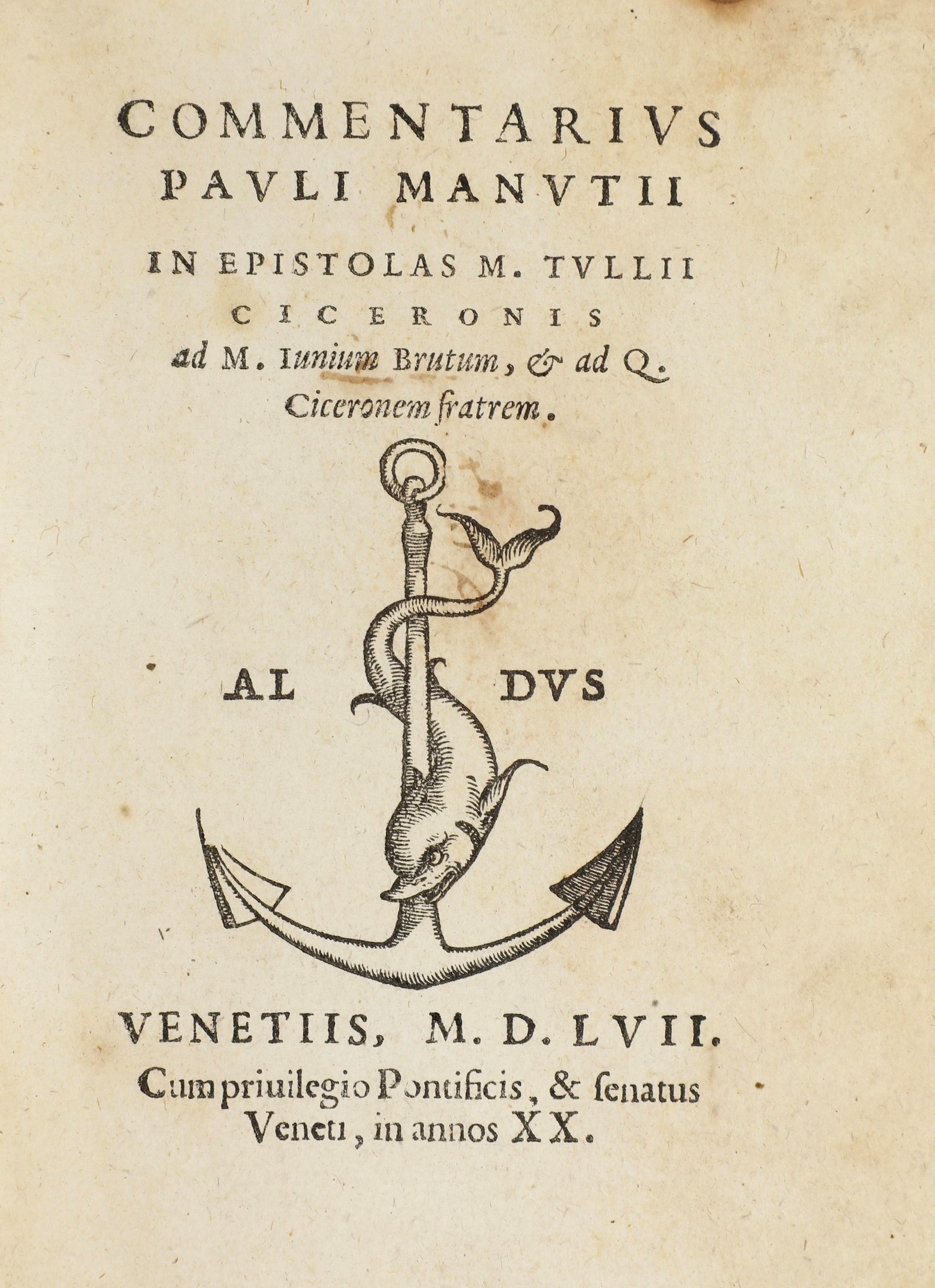Manuzio Paolo Commentarius Pauli Manutii in Epistolas M. Tulii Ciceronis Ad M. Iunium Brutum, Ven...