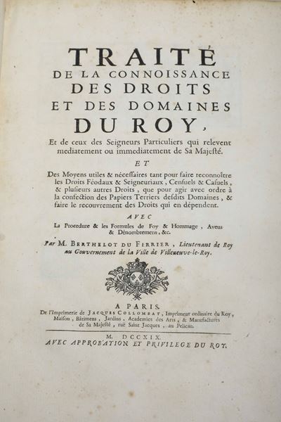 Du Ferrier Berthelot Traitè De la Connoissance Des Droits Et Des Domaines Du Roya Paris, Jaques C...