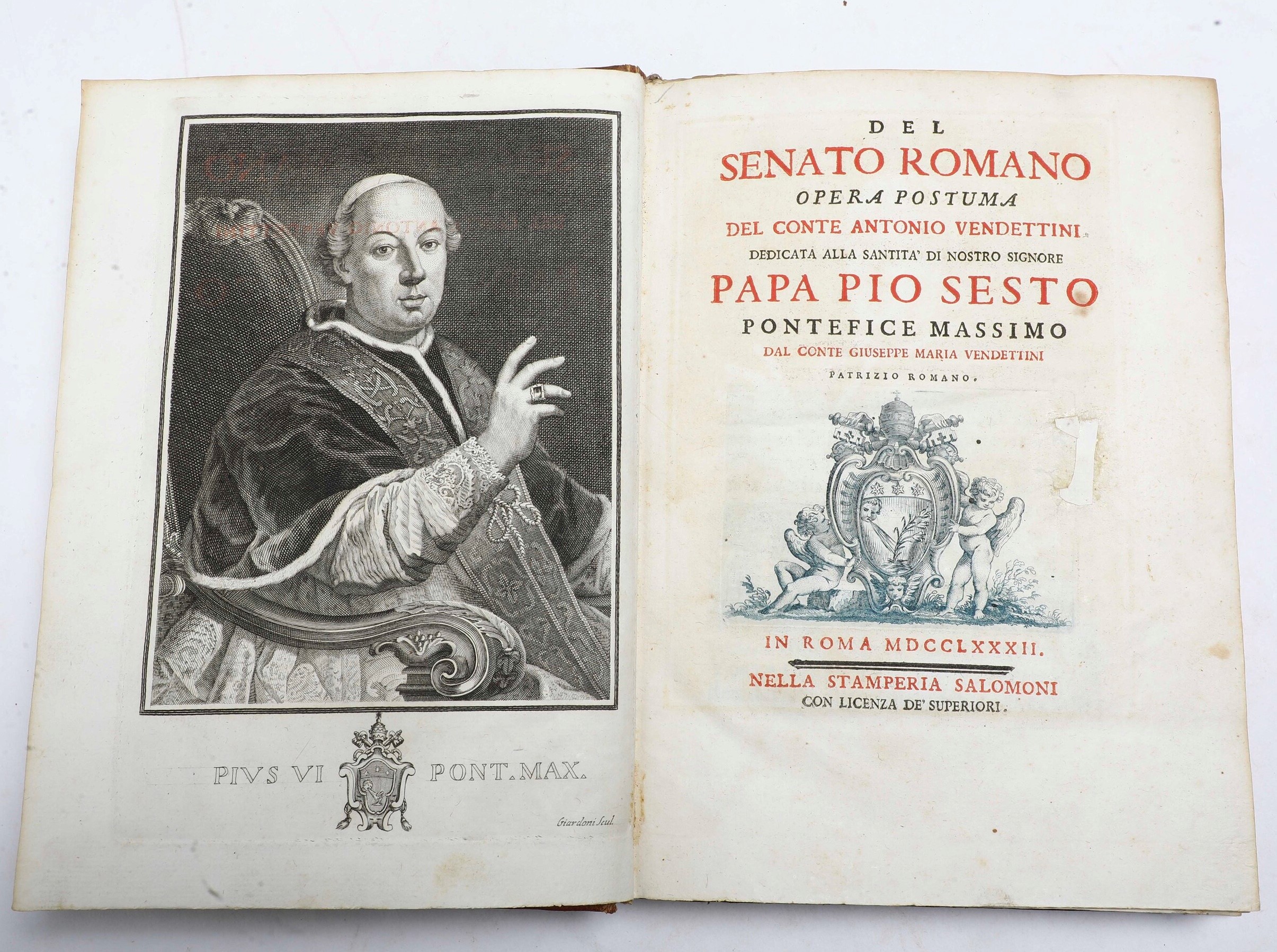 Vendettini Antonio (1704-1781) del Senato Romano Opera Postuma del Conte Antonio Vendettini... De...
