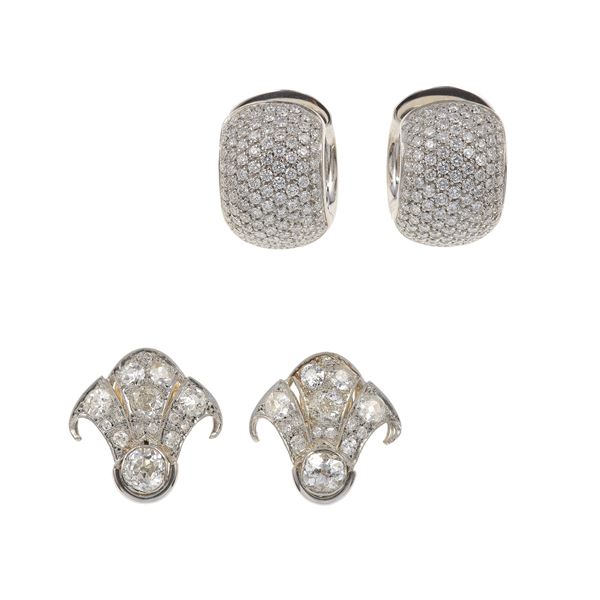 Two pair of diamond and gold earrings. One signed Leo Pizzo, fitted case