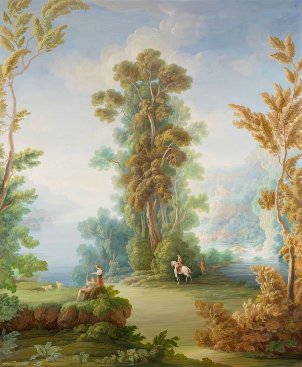 Scuola del XIX secolo Paesaggio fluviale con pastori e uomo a cavallo
