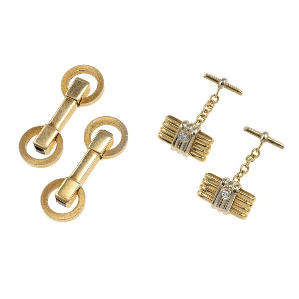 Two gold, diamond and synthetic sapphire pairs of cufflinks