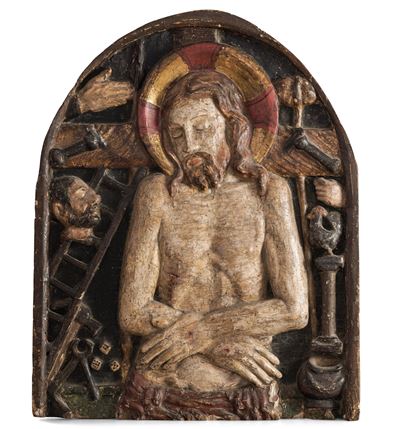 Cristo Deposto. Altorilievo Centinato in Legno Policromo. Italia Centrale del XV-XVI Secolo