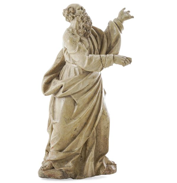 Figura di Santo (S.Giovanni di Arimatea?) in marmo botticino. Scultore bresciano del XVI-XVII secolo (Antonio Carra?)