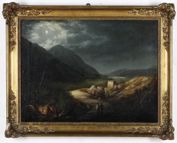 Pittore del XIX secolo Paesaggio con figure