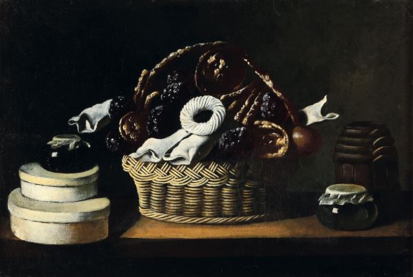 Scuola del XVII secolo Barattoli di conserve e cesto con dolci e frutti