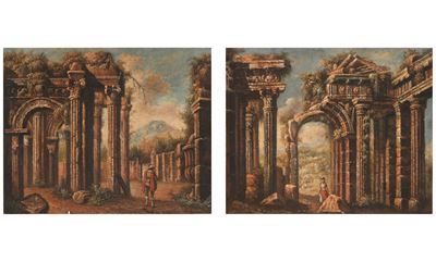 Scuola del XVIII/XIX secolo, Capricci con rovine e figure, olio su rame