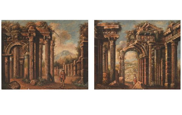Scuola del XVIII/XIX secolo Capricci con rovine e figure