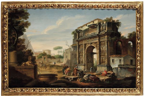 Capriccio con rovine romane e figure di contadini