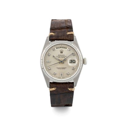 Day-date Ref 18039 in Oro Bianco 18k con Cinturino in Pelle, Circa 1978