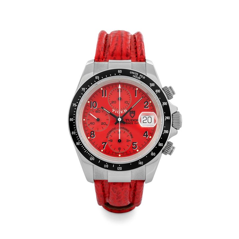 Tudor : Prince Date Chronograph ref. 79260P, red dial combined with leather strap, automatic movement, circa 1990  - Auction Watches - Cambi Casa d'Aste