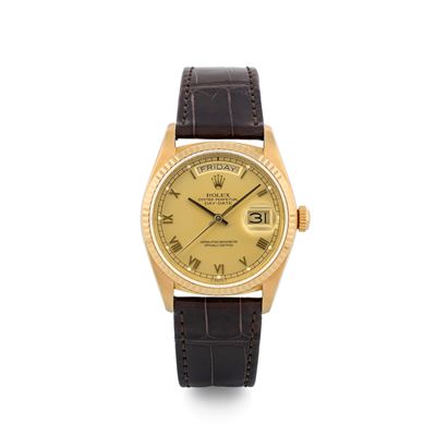Day-date Ref 18038 in Oro Giallo 18k, Quadrante Champagne con Numeri Romani Applicati, Circa 1986