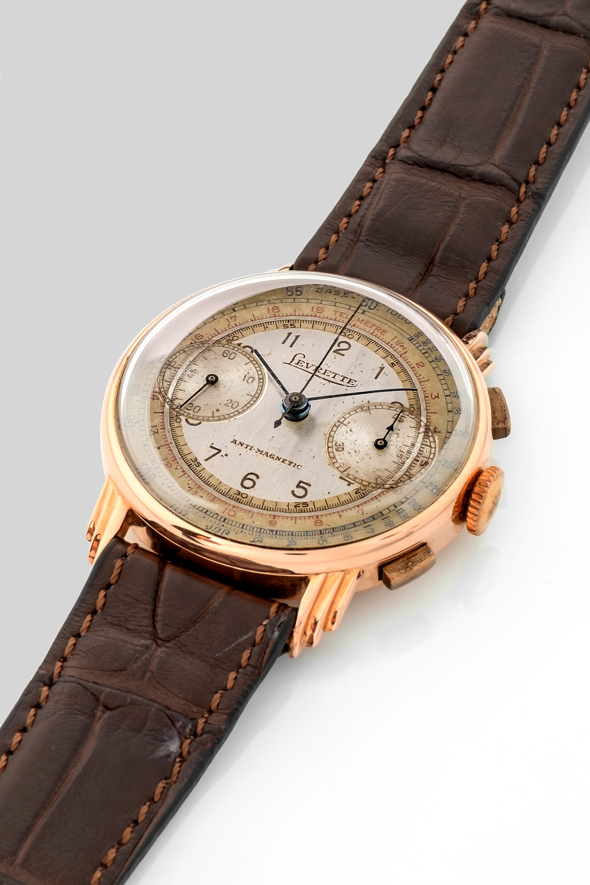 Levrette - Chrono Antimagnetico "anse a Gradino" in Oro Rosa 18k, Quadrante Bitonale Due Contator...