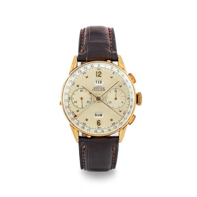 Chronodato in Oro Giallo 18k, Quadrante Argentè con Calendario Completo e Cronografo, Carica Manu...
