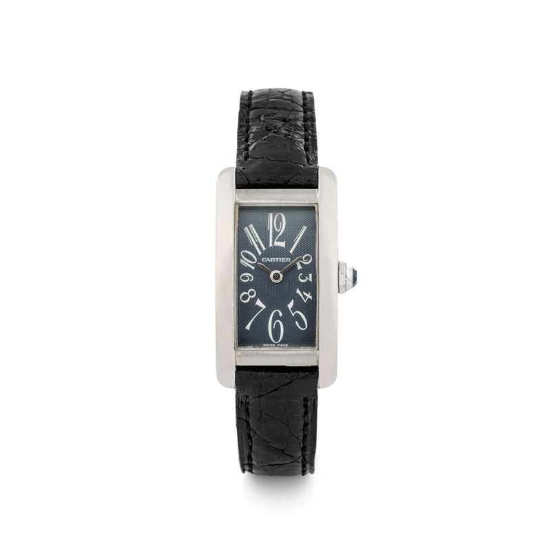 Cartier : Tank Americaine Lady ref 1713 in oro bianco 18k, quadrante grigio guillochè con numeri esplosi, circa 2000  - Asta Orologi da Polso - Cambi Casa d'Aste