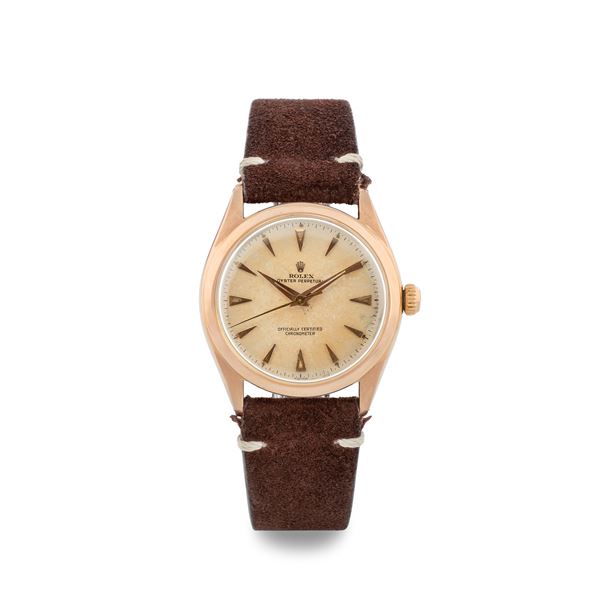 Rolex - Oyster Perpetual Bubbleback ref 6084 in 18k pink gold, grenè dial, dauphine hands, circa 1950