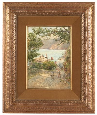Paesaggio costiero con molo, acquerello su cartone
