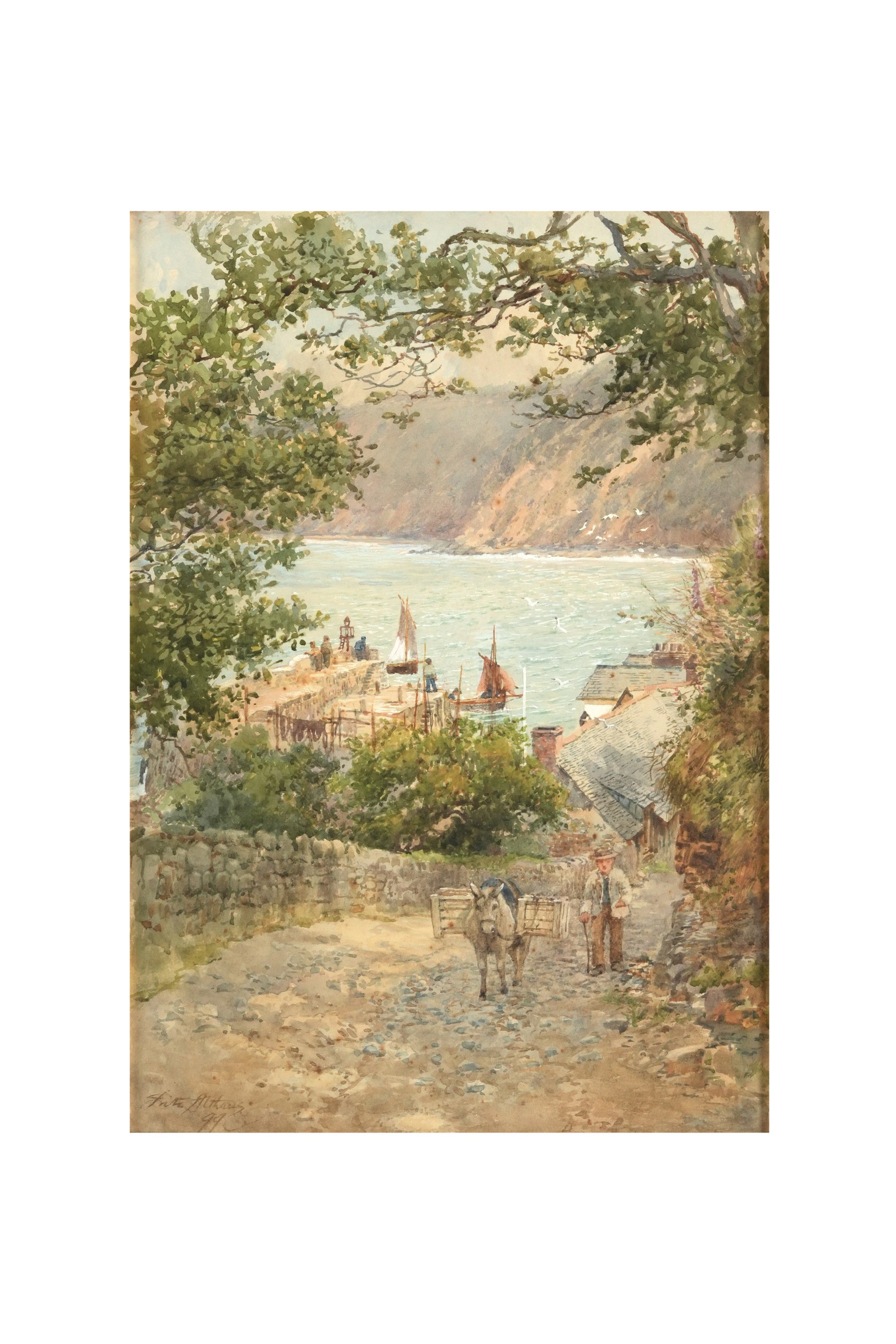 Fritz Althaus - Paesaggio costiero con molo, acquerello su cartone