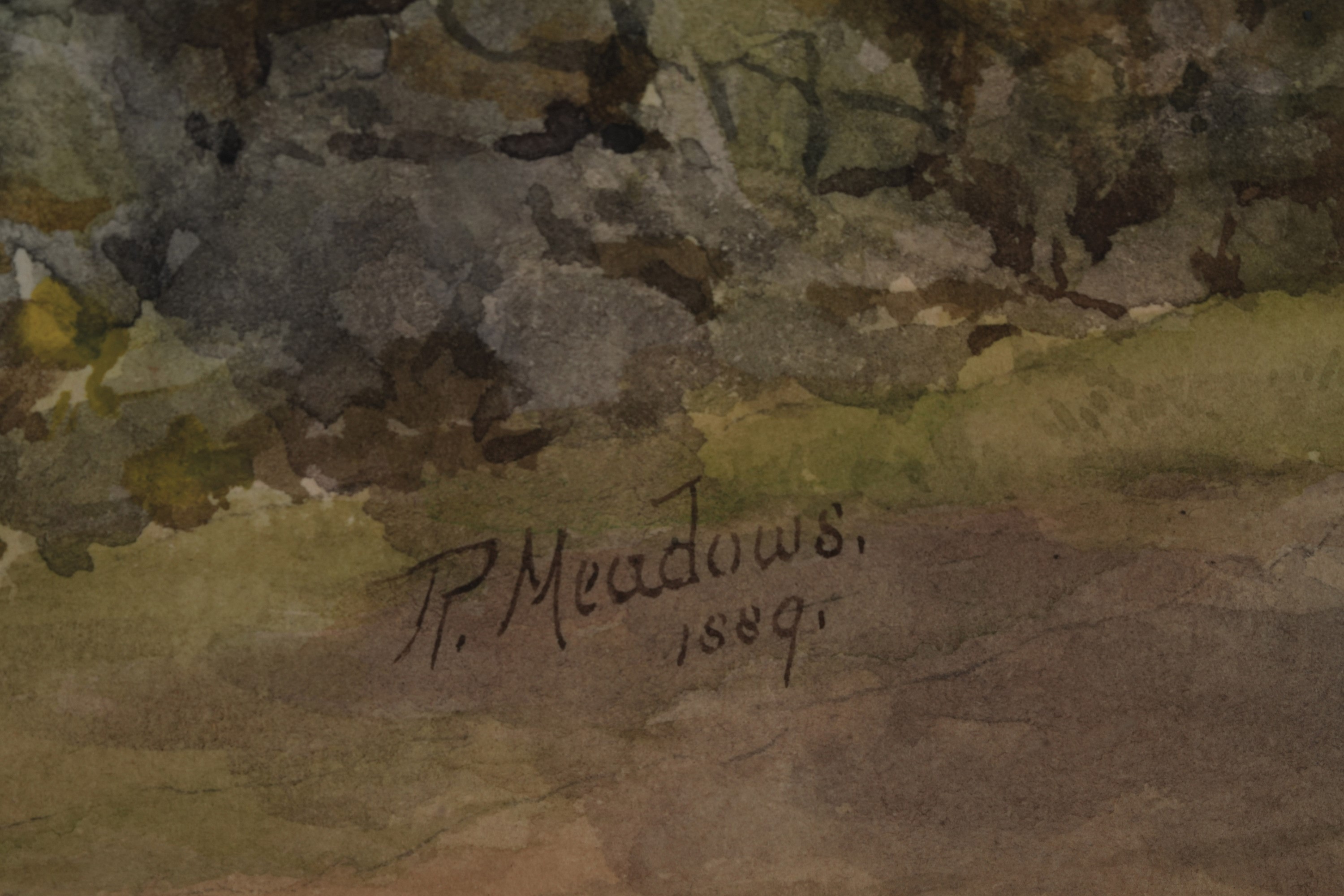 R. Meadows, Paesaggio con cavalli, acquerello su carta