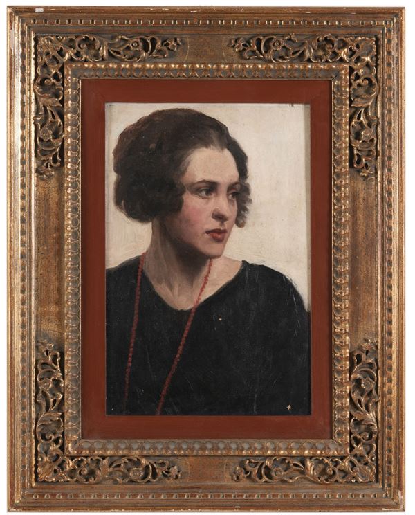 Anonimo del XIX-XX secolo Ritratto di donna con collana di corallo