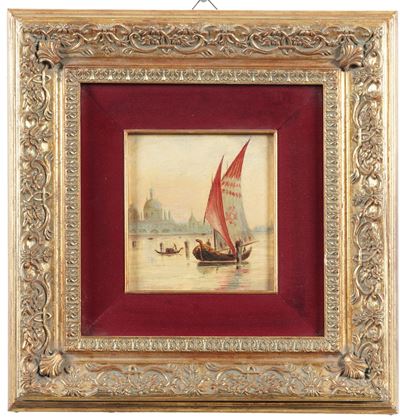 Anonimo del XIX-XX secolo, Barca e gondola nella laguna veneziana, olio su rame