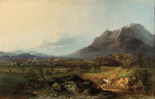 Scuola piemontese (?) del XIX secolo Paesaggio collinare con pastori e cittadina sullo sfondo