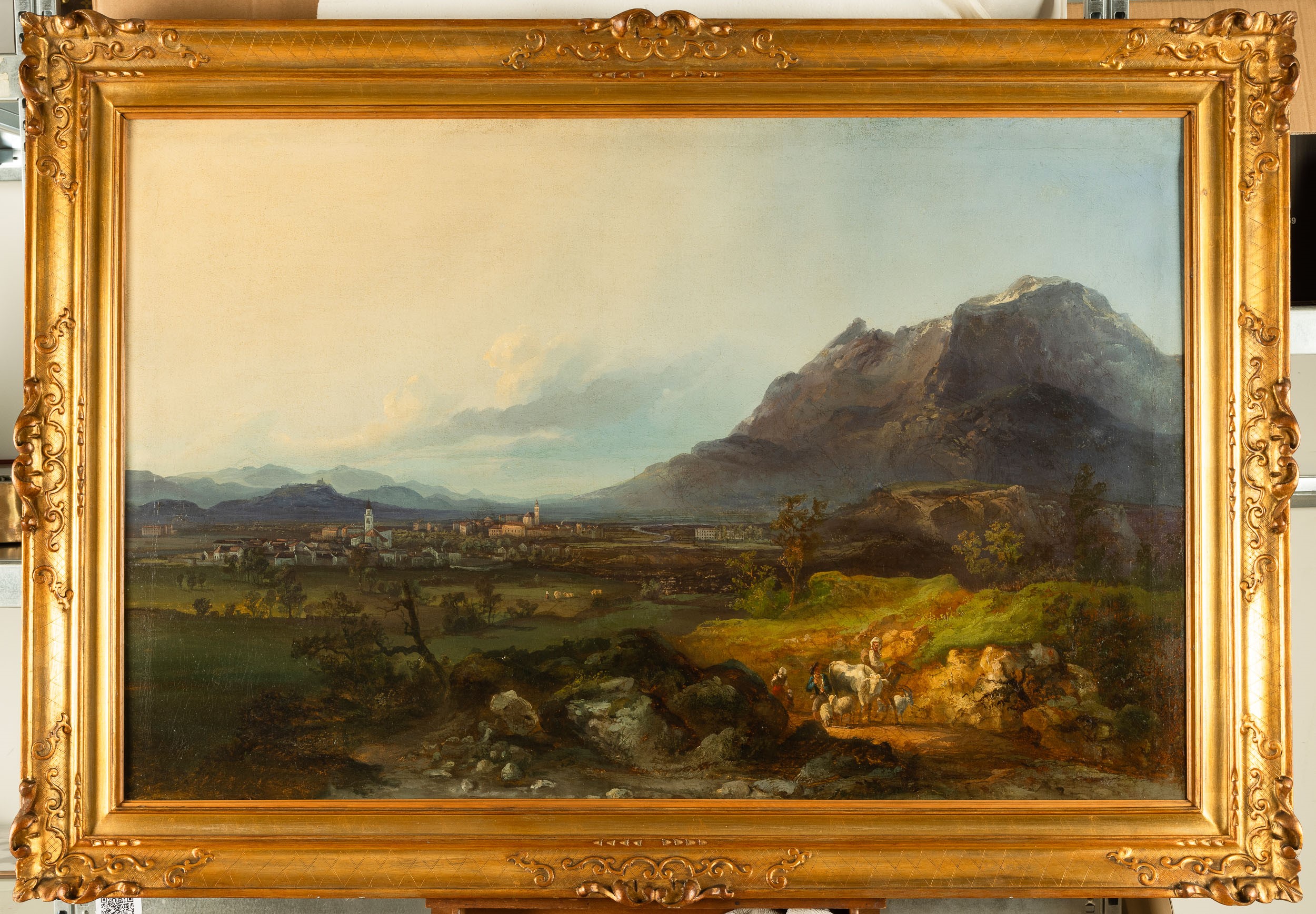 Scuola piemontese (? XIX secolo), Paesaggio collinare con pastori, olio su tela